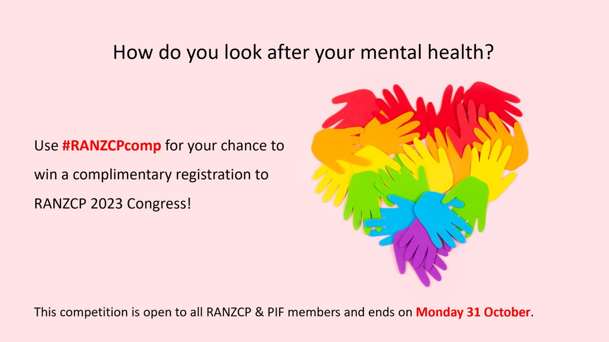 Steps to win a free registration to Congress 2023:
1. Think about your best #wellbeing and #mentalhealth tips and strategies
2. Capture it as a photo/video 📸🤳
3. Tweet using #RANZCPcomp

See you in Perth! ✈️

👉 bit.ly/3ejRpZ9

<a href="/DrVinayLakra/">Vinay Lakra</a> <a href="/Pramudie/">Dr Pramudie Gunaratne</a> @maakakereana9