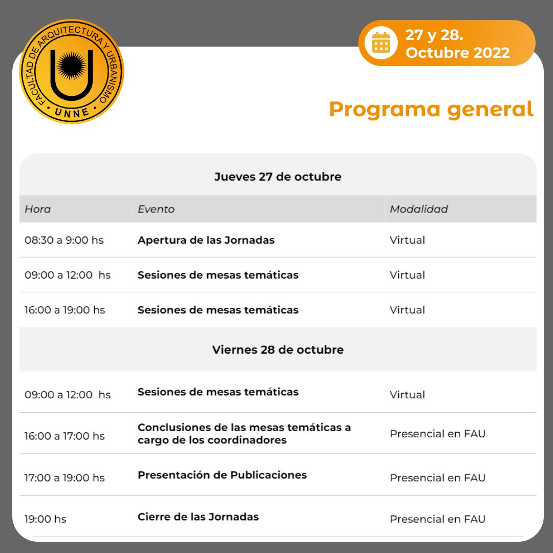 JORNADAS DE COMUNICACIONES CIENTÍFICAS Y TECNOLÓGICAS 2022 FAU-UNNE
📅 Jueves 27 y Viernes 28 de octubre 
Para asistir hay que inscribirse en: bit.ly/inscripcionfau
Acceder al programa y reuniones: bit.ly/jornadasfau2022 
Consultas: seinv.investigacion@gmail.com