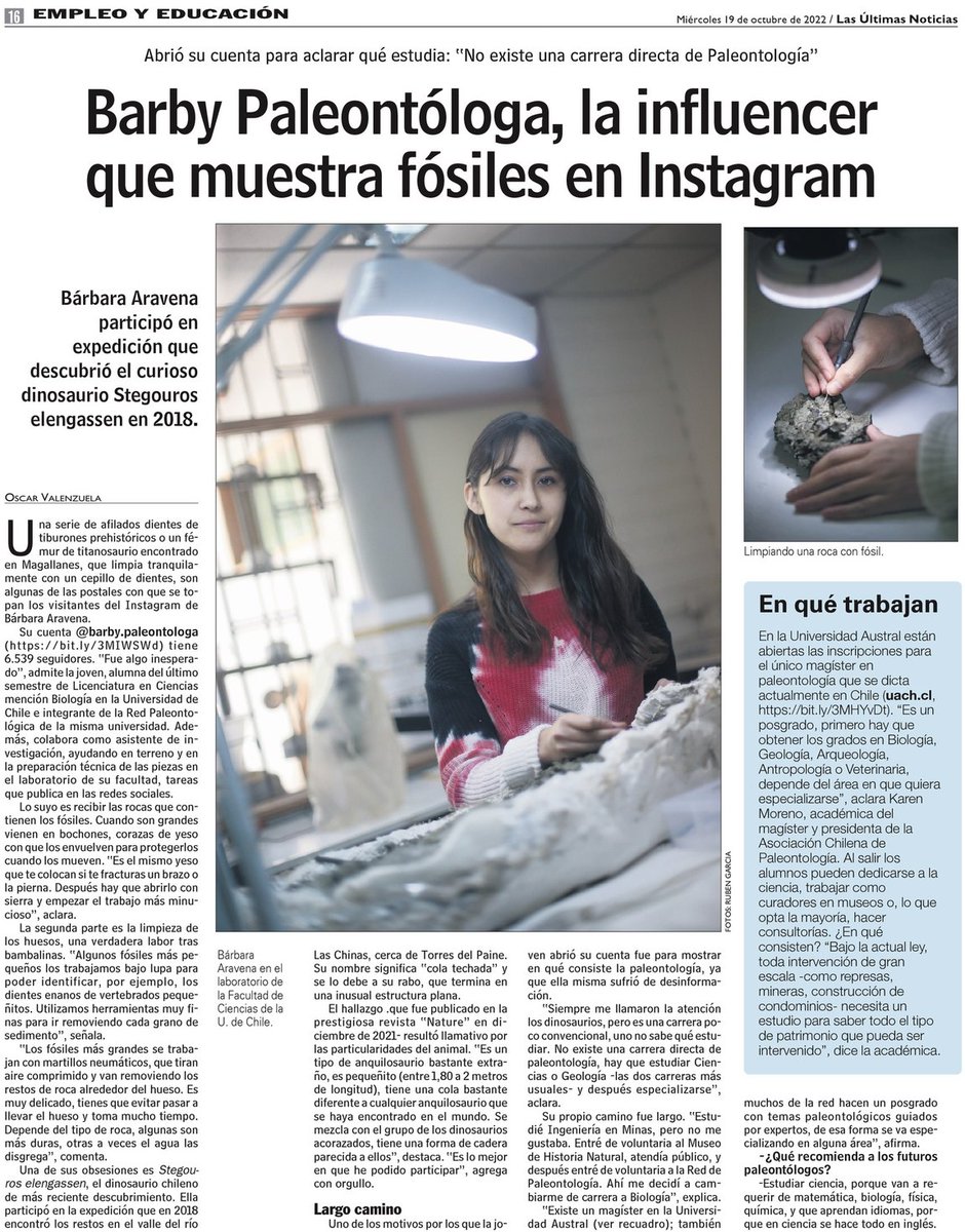 Bárbara Aravena Berríos (@paleobarby) on Twitter photo Mami, salí en el diario! 🤩 Gracias a Oscar Valenzuela, periodista de <a href="/lun/">Las Últimas Noticias</a> por ayudarme a visibilizar mi trabajo como integrante de la <a href="/RedPaleo_UChile/">Red Paleontológica U. de Chile</a> y divulgadora científica 🦕🦖
lun.com/Pages/NewsDeta… Mami, salí en el diario! 🤩 Gracias a Oscar Valenzuela, periodista de <a href="/lun/">Las Últimas Noticias</a> por ayudarme a visibilizar mi trabajo como integrante de la <a href="/RedPaleo_UChile/">Red Paleontológica U. de Chile</a> y divulgadora científica 🦕🦖
lun.com/Pages/NewsDeta…