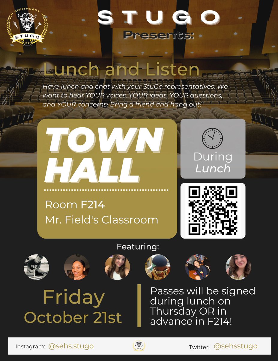sehsstugo's tweet photo. StuGo is hosting a Lunch and Listen Town Hall this FRIDAY in F214 during lunch!! Stop by F214 ( Mr. Field ) in advance or get a pass during THURSDAY LUNCH to attend! Come share YOUR ideas, YOUR thoughts, and YOUR concerns with StuGo! #GoBuffs https://t.co/otuVA8rOhO