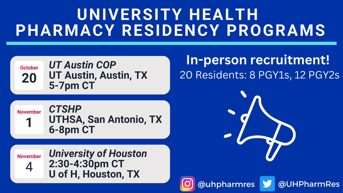 UHPharmRes's tweet photo. Meet our lovely preceptors and residents at our 3 in-person recruitment events before Midyear! We would love to meet you and chat more about our amazing PGY1 and PGY2 programs! @UHPharmRes @UH_Pharmacy @UTexasPharmacy @UTHealthSA https://t.co/Gt7OWmbOud