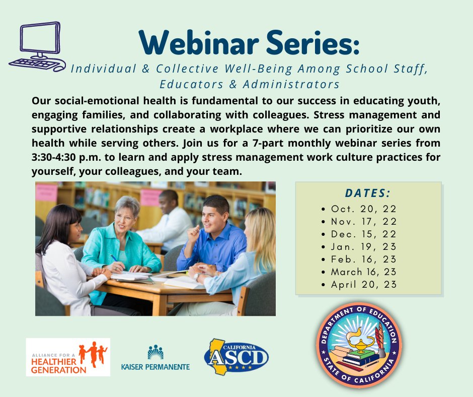 Join CDE, @HealthierGen, and @thrivingschools to learn and apply stress management work culture practices. Join us for the first webinar in this series on 10/20 at 3:30 p.m. Register via Zoom: us02web.zoom.us/webinar/regist…