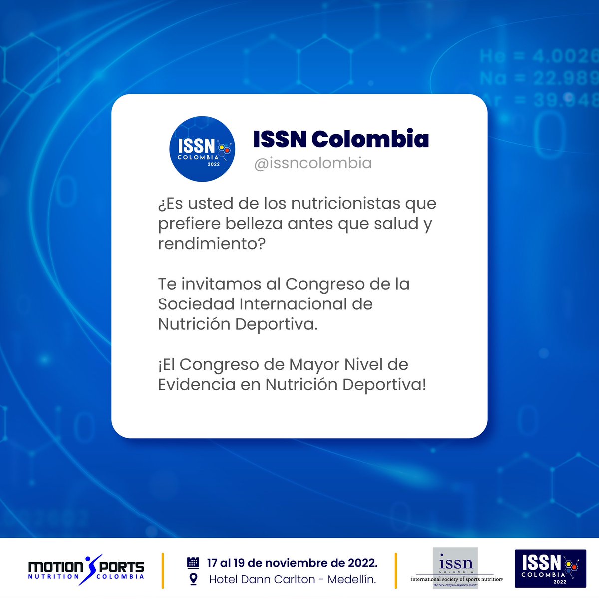 motioncolombia's tweet photo. Como profesional de la salud o el deporte, estar actualizado es importante para mejorar la práctica diaria de la consulta y atención nutricional.

En el Congreso ISSN tendremos:

✅ Temas actuales y avanzados en Nutrición Deportiva, cada uno con su mini e-book. https://t.co/Xf4FYicRyO