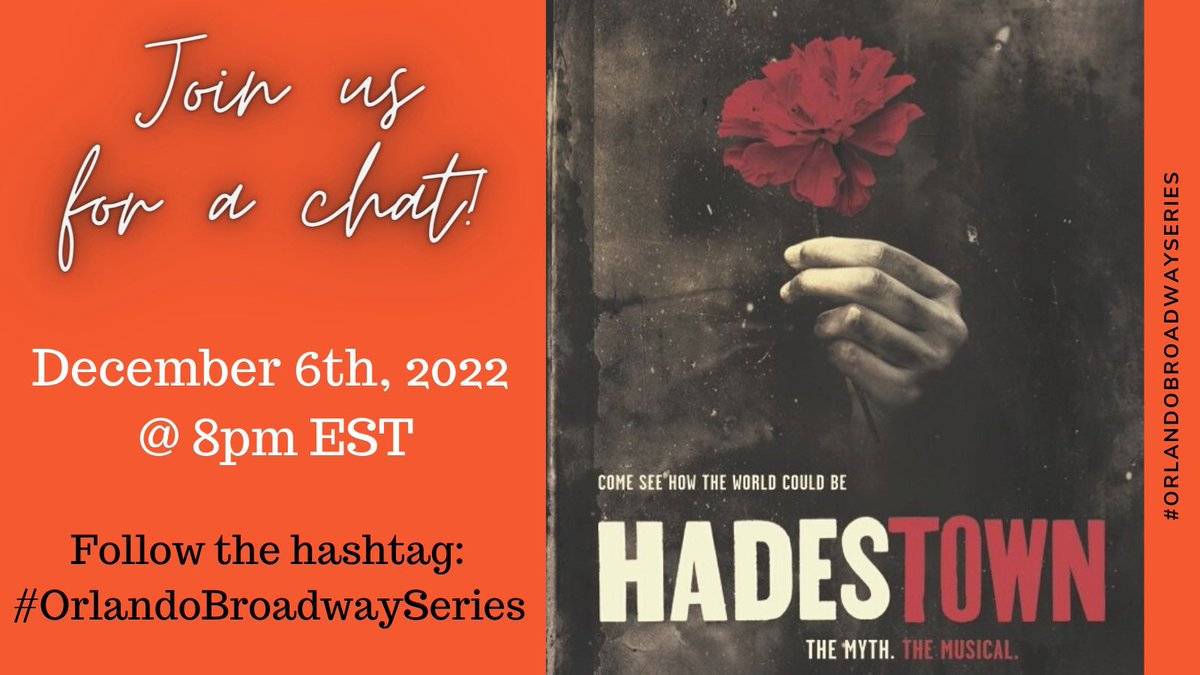Join us for our next chat on 12/6 @ 8pm ET when we talk about the next show coming to <a href="/DrPhillipsCtr/">Dr. Phillips Center</a> : <a href="/Hadestown/">Hadestown</a>! 
￼
#OrlandoBroadwaySeries