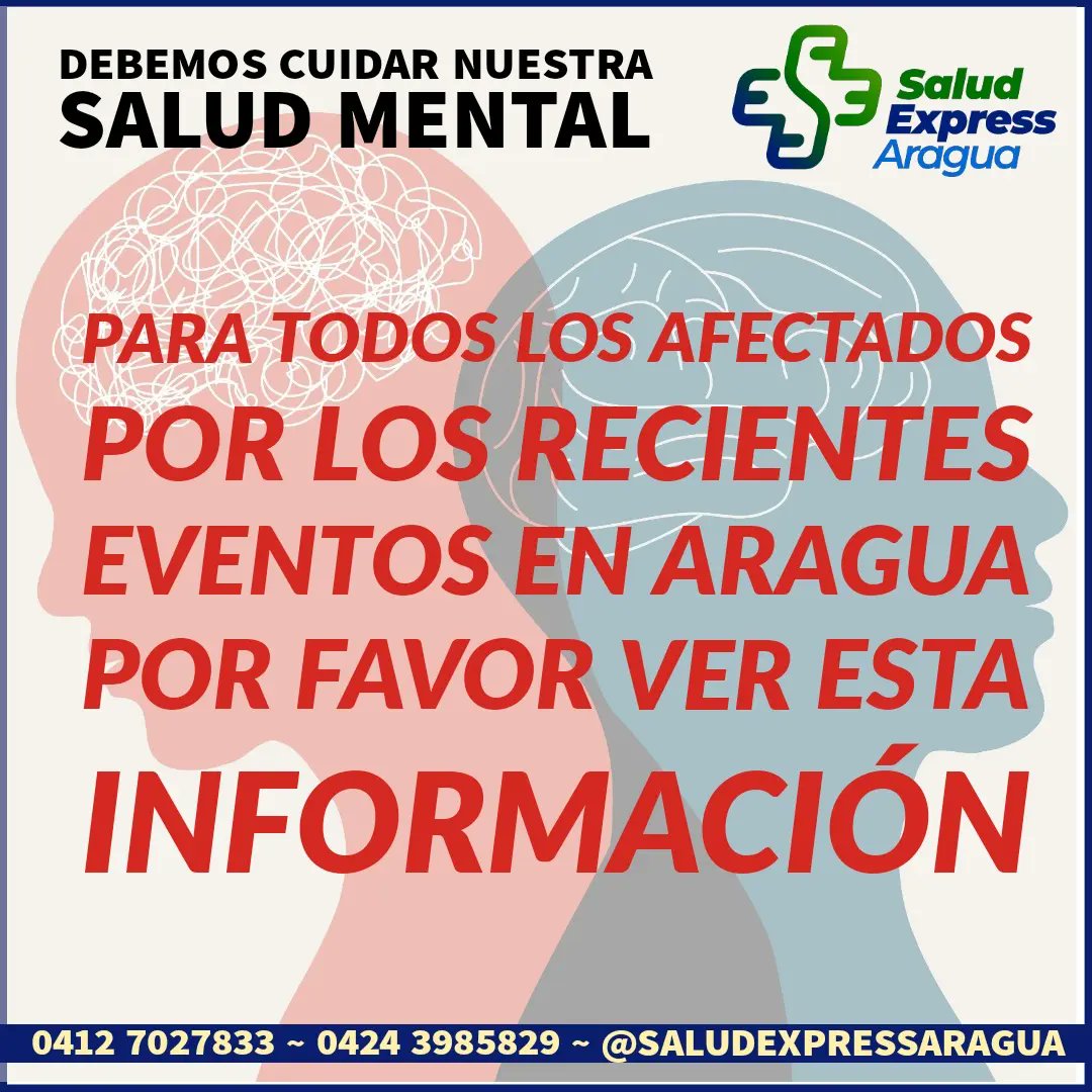 SaludExpressA's tweet photo. Atravesar una situación como la vivida en Tejerías y en El Castaño puede afectar nuestra salud, tanto física como mental.
https://t.co/itdlyovwCA

#Maracay #SaludMental #Lluvias #Deslave #Rio #ElCastaño #Turmero #Tejerias  #MedicoADomicilio  #EmergenciasMedicas https://t.co/IZ1mv0kxRr