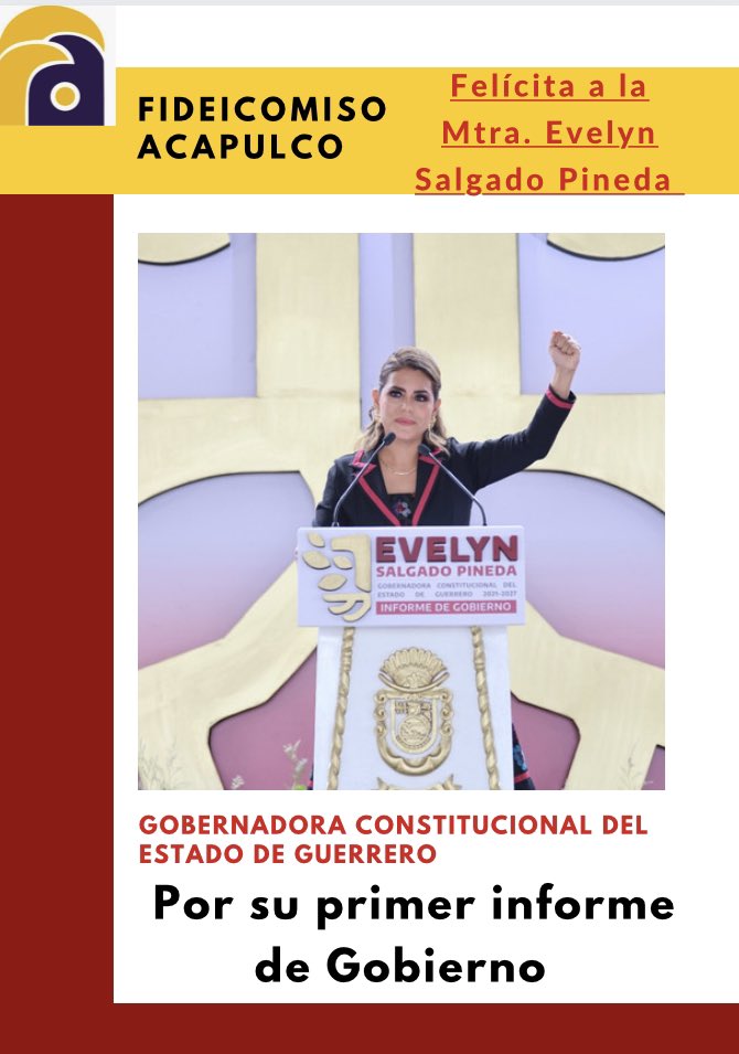 El Equipo de Fideicomiso para el Desarrollo Económico y Social de Acapulco Felícita a <a href="/EvelynSalgadoP/">Evelyn Salgado Pineda</a> por su primer informe de Gobierno.
  
¡Que viva #Guerrero!
 
#GobiernoDeTerritorio