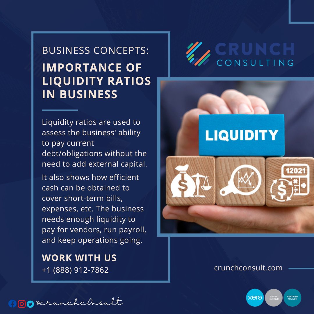 crunchc0nsult's tweet image. Liquidity ratios are used to assess the business' ability to pay current debt/obligations without the need to add external capital.
The business needs enough liquidity to pay for vendors, run payroll, and keep operations going.

#WeCrunchNumbers #liquidity