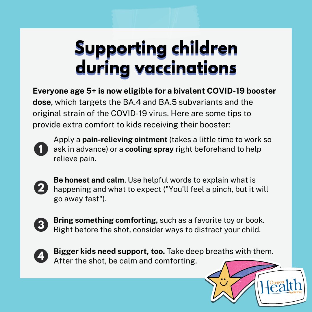 Kids age 5 and up are now eligible for the updated COVID-19 booster. Whether it’s the updated booster or a yearly flu shot, check out these simple ways to comfort kids during vaccinations. 

To find an updated COVID-19 booster near you, visit getvaccinated.oregon.gov.