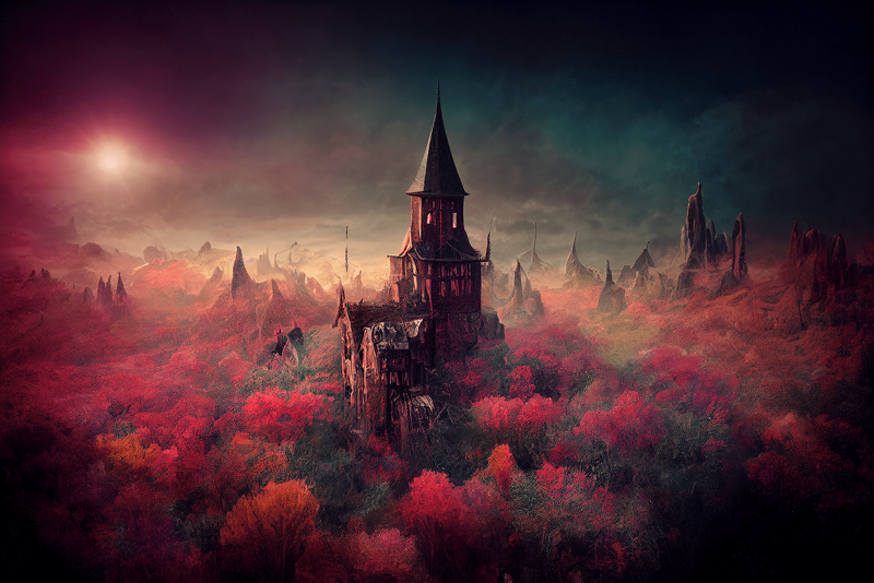 Thaeyne's tweet photo. And for the first time in a long time I'm alright - Wizardpunk castle in the forest #midjourney #midjourneyAi #AIArtwork #AIart #wizardpunk #castle #fantasy https://t.co/TfDPrx76vH