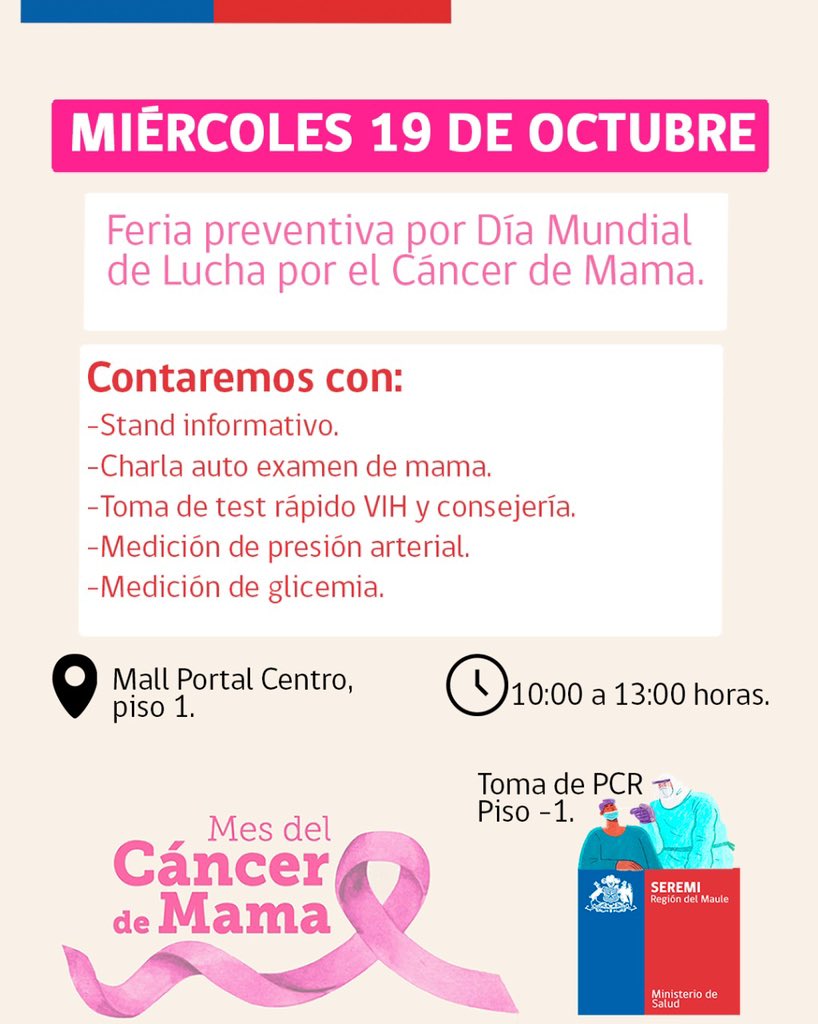 SeremiSaludM's tweet photo. 👉🏻 Mañana estaremos entregando información para prevenir el Cáncer de Mama, los esperamos desde las 10:00 horas en portal centro, piso 1, podrás encontrar consejería, indicaciones para auto examen de mama y cuidados de salud. https://t.co/YWNRFLMrpo
