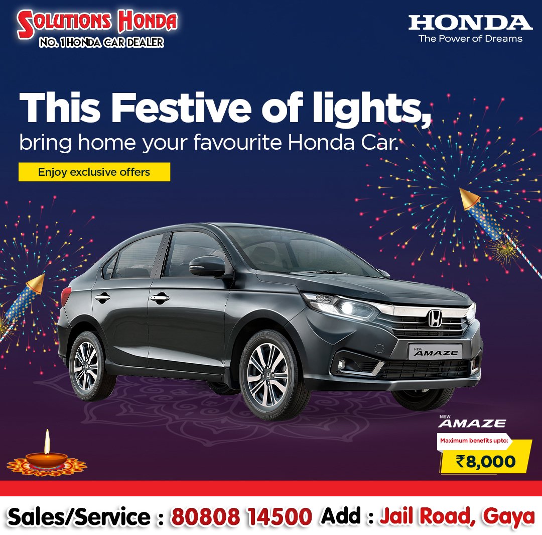 SolutionsHonda's tweet photo. 🤩🤩This Diwali, celebrate in style with the Shaandar #HondaAmaze. 

Booking #Offers available

To know more, visit showroom or 
Call : 8080814500
Add : Jail Road, Gaya

#HondaCarsIndia #Honda #BestOffers #Offers #Diwali #Dhanteras https://t.co/raysXaKlsI