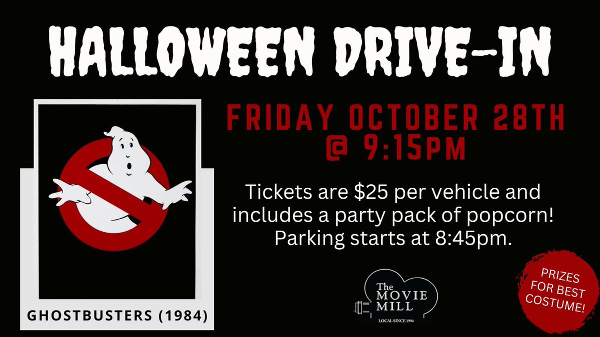 Who you gonna call??👻 Don't miss GHOSTBUSTERS (1984) at our Halloween Drive-In Friday October 28th @ 9:15pm! Wear your Halloween costume and you could win a PRIZE! Get your ticket at the theatre or click here: app.squarespacescheduling.com/schedule.php?o…