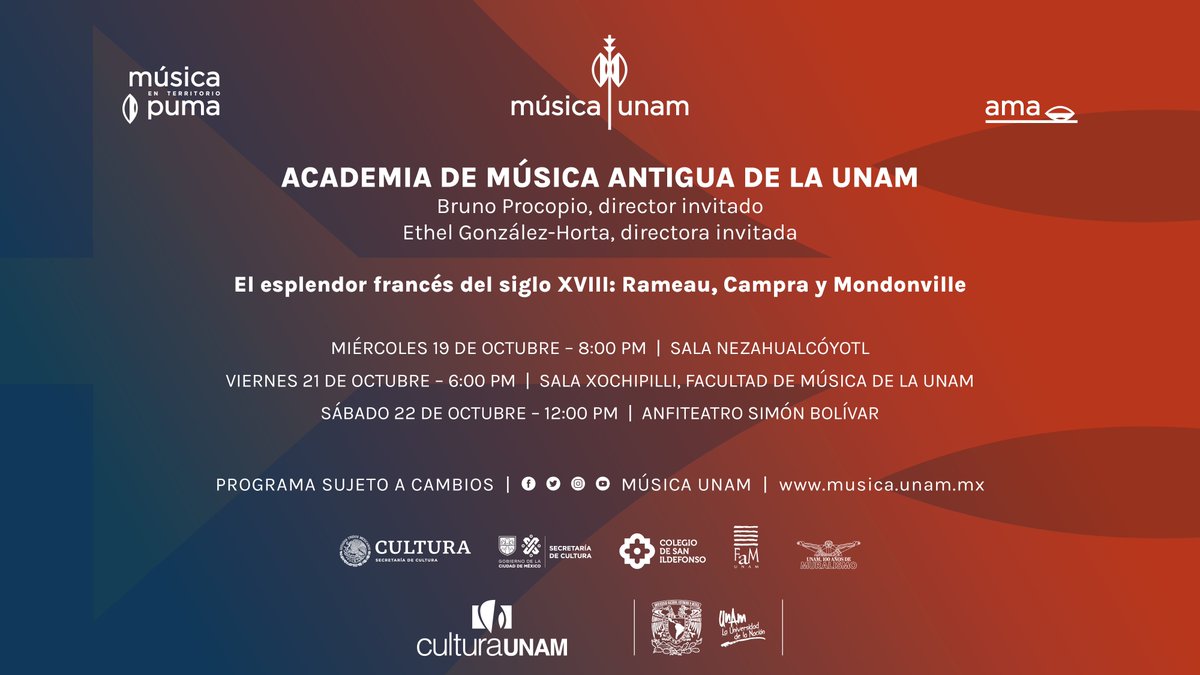 ¿Qué tal un concierto de #Músicabarroca? Te invitamos los pases dobles para escuchar “El esplendor francés del siglo XVIII” con la AMA UNAM. Sólo envía tu nombre completo por mensaje directo.

Octubre 19 | Sala Nezahualcóyotl | 8:00 PM