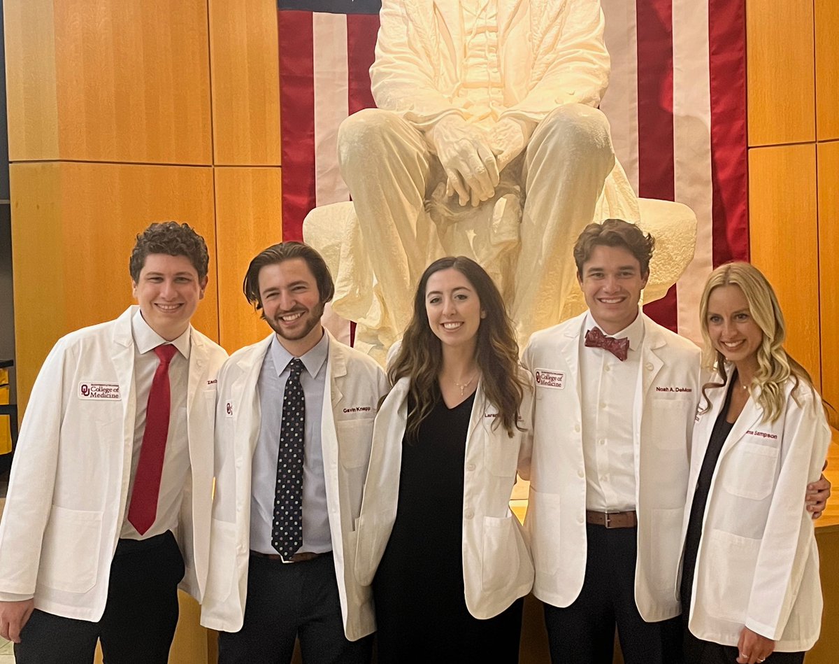 obunews's tweet photo. We salute five 2022 OBU graduates recognized earlier this semester at the University of Oklahoma College of Medicine White Coat Ceremony. Amongst the 164 students in the new Class of 2026 are OBU grads Zachary Young, Gavin Knapp,  Laramie Snow,  Noah DeMoss and Emma Sampson. https://t.co/I8fyUmN6Ll