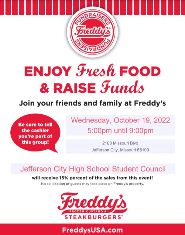 Come out to Freddy’s and support JC StuCo on Wednesday! Show the flyer when you order!