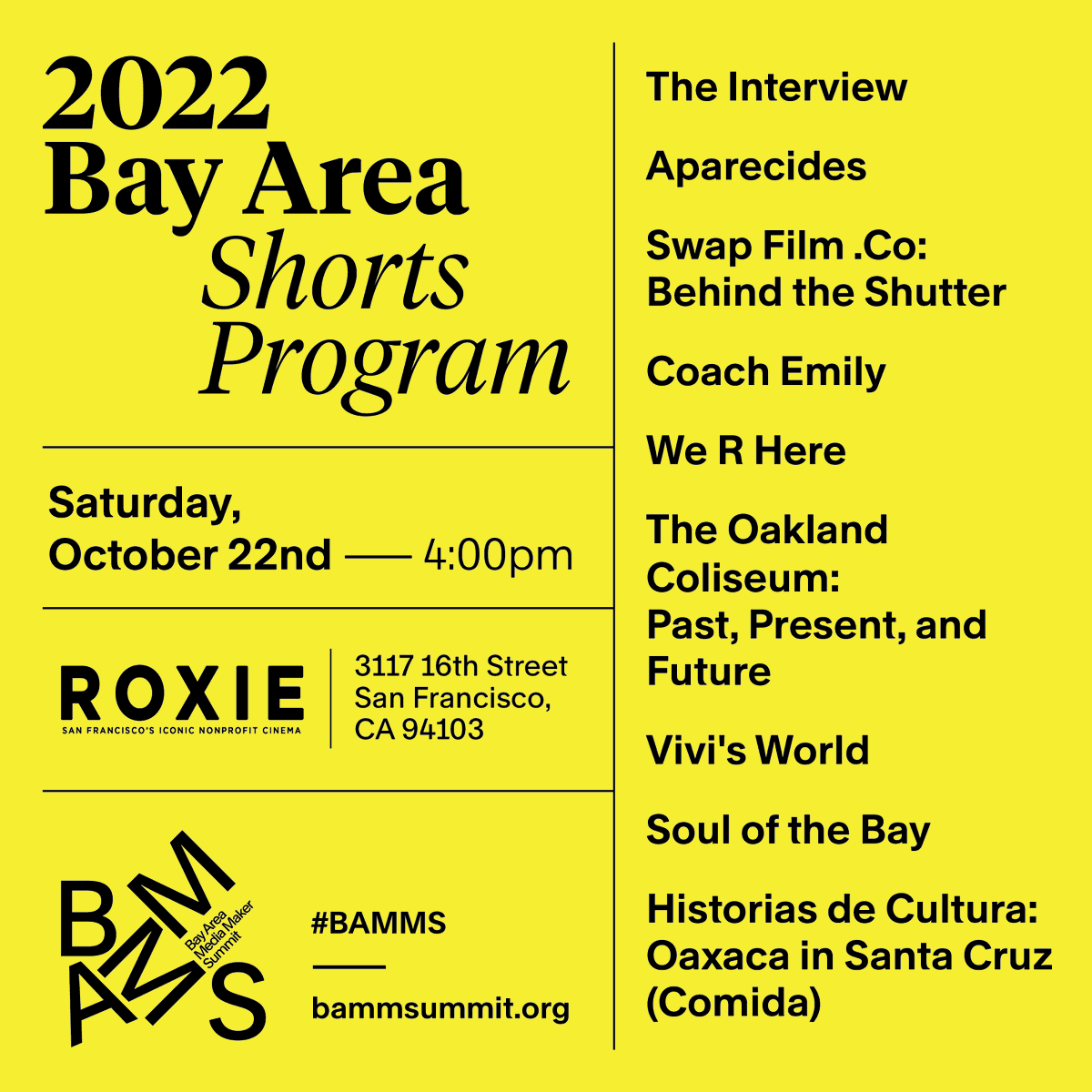 📽 2022 Bay Area Shorts Program at <a href="/roxietheater/">Roxie Theater</a>, 4pm on Saturday!

#BAMMS will be screening a selection of Bay Area short films at our 2nd annual short film program, celebrating the vibrancy &amp; creativity of our local filmmaking community.

Tickets 👉 roxie.com/ai1ec_event/ba…