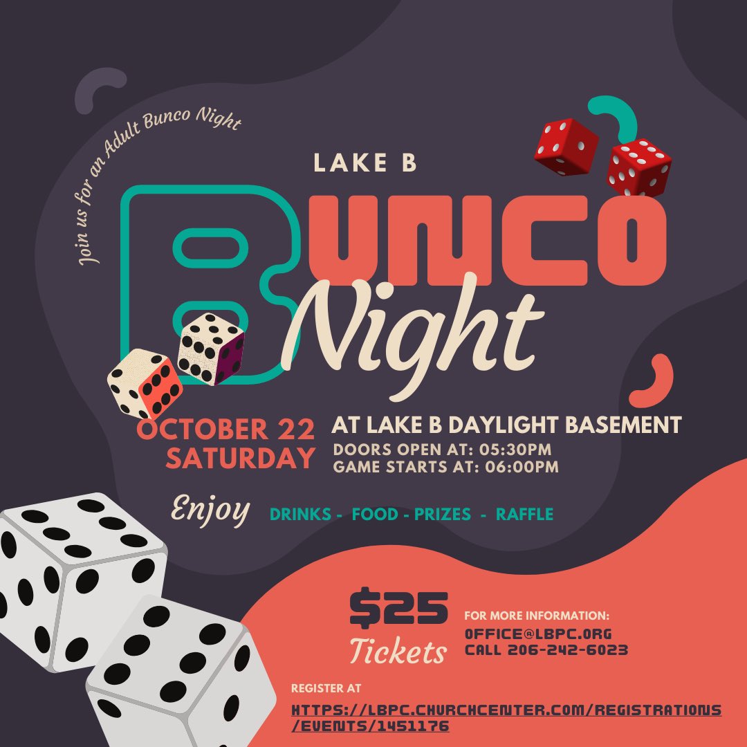 Join us this Saturday for a little Bunco Fun!  All proceeds from event will go to support Lake B programs that support our community! Here is the link to sign up:  lbpc.churchcenter.com/registrations/…