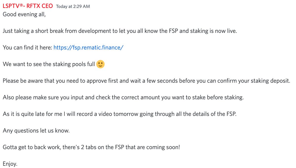 LSPTrades's tweet photo. Evening all. FSP has just gone live. You can now stake your RMTX, RFTX and CPTX, check balances, opt into the 401k and get excited for the coming soon tabs. Details in the post below. Hope you are all having a splendid day. https://t.co/JB0fJgXY0x