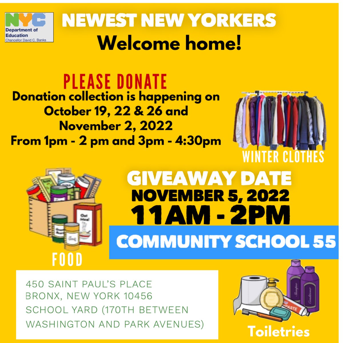 Starting tomorrow, we are collecting items for our Newest New Yorkers. We will be distributing these items November 5, 2022. We are collecting winter clothing, food and toiletries. Dm if you want to support, donate or set up a resource table. Have a blessed evening.
