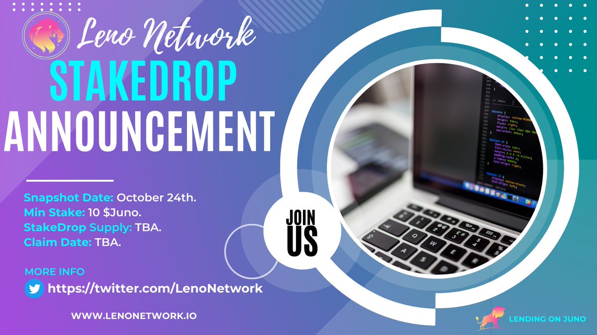 $LENO #airdrop to $JUNO stakers confirmed!

- Snapshot: October 24th
- Min: 10 $JUNO
- Supply: TBA
- 🪂Claim date: TBA

<a href="/LenoNetwork/">Lenø Netwørk ☢️⚛️</a> is Lending and Launchpad on <a href="/JunoNetwork/">Junø</a> 
(1/)
