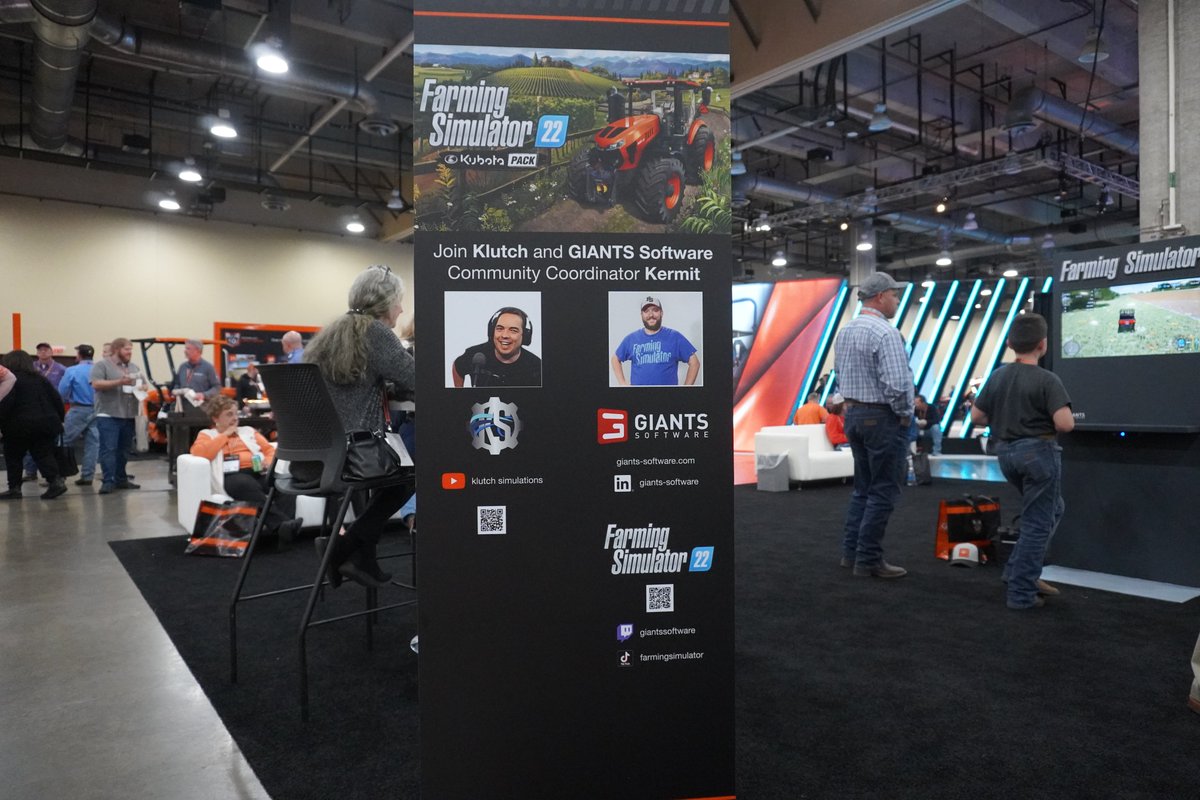 farmingsim's tweet photo. It was a successful first day at Kubota Connect. @GIANTSSoftware Partner @KlutchSim got to teach the crowd how to play Farming Simulator 22 and streamed live from the event on his YouTube channel as well. Join him and Kermit again on Wednesday from 8am-5pm CDT (3pm-12am CEST) https://t.co/nOXXVTX6b5