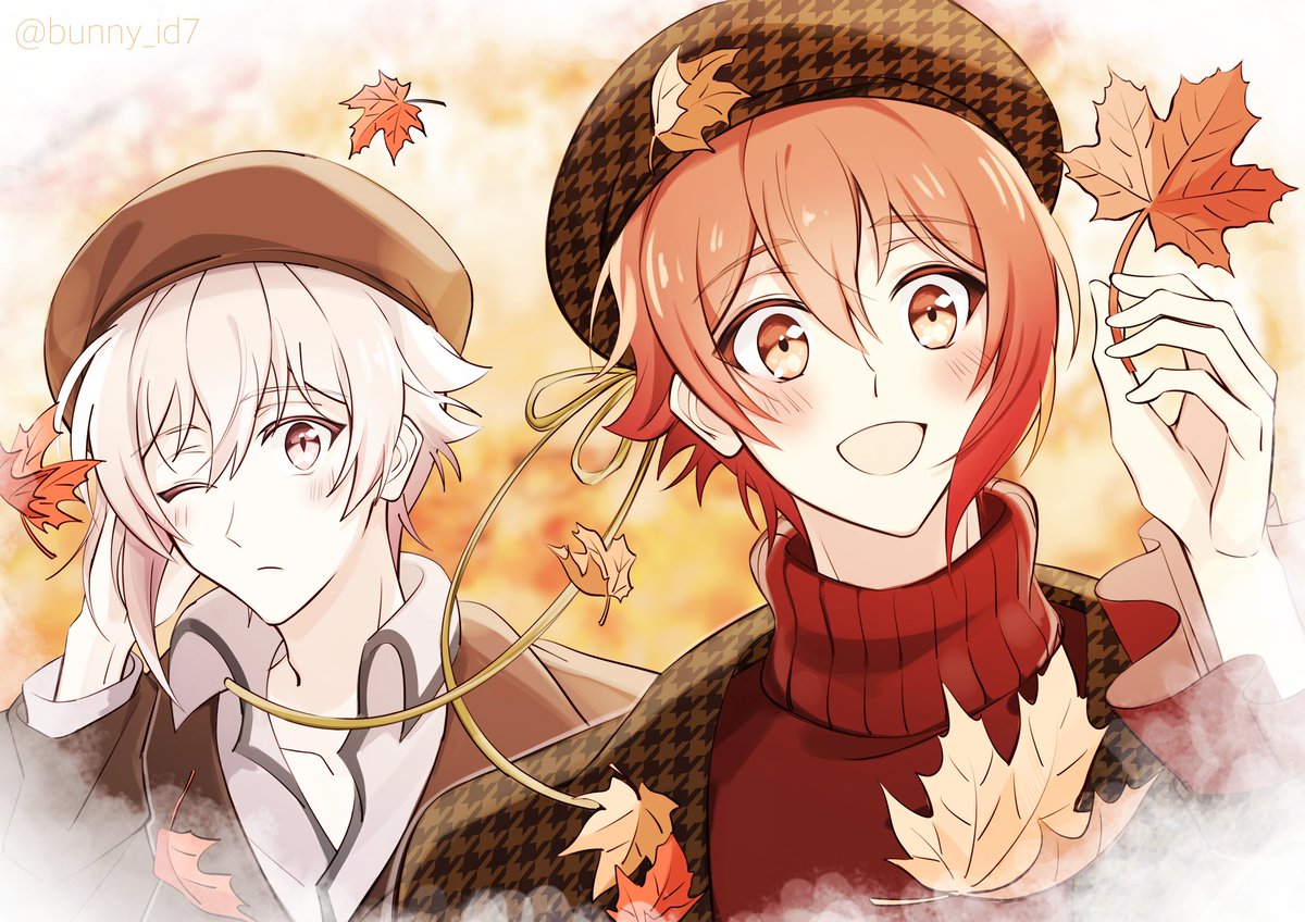 multiple boys 2boys hat male focus autumn leaves smile one eye closed  illustration images