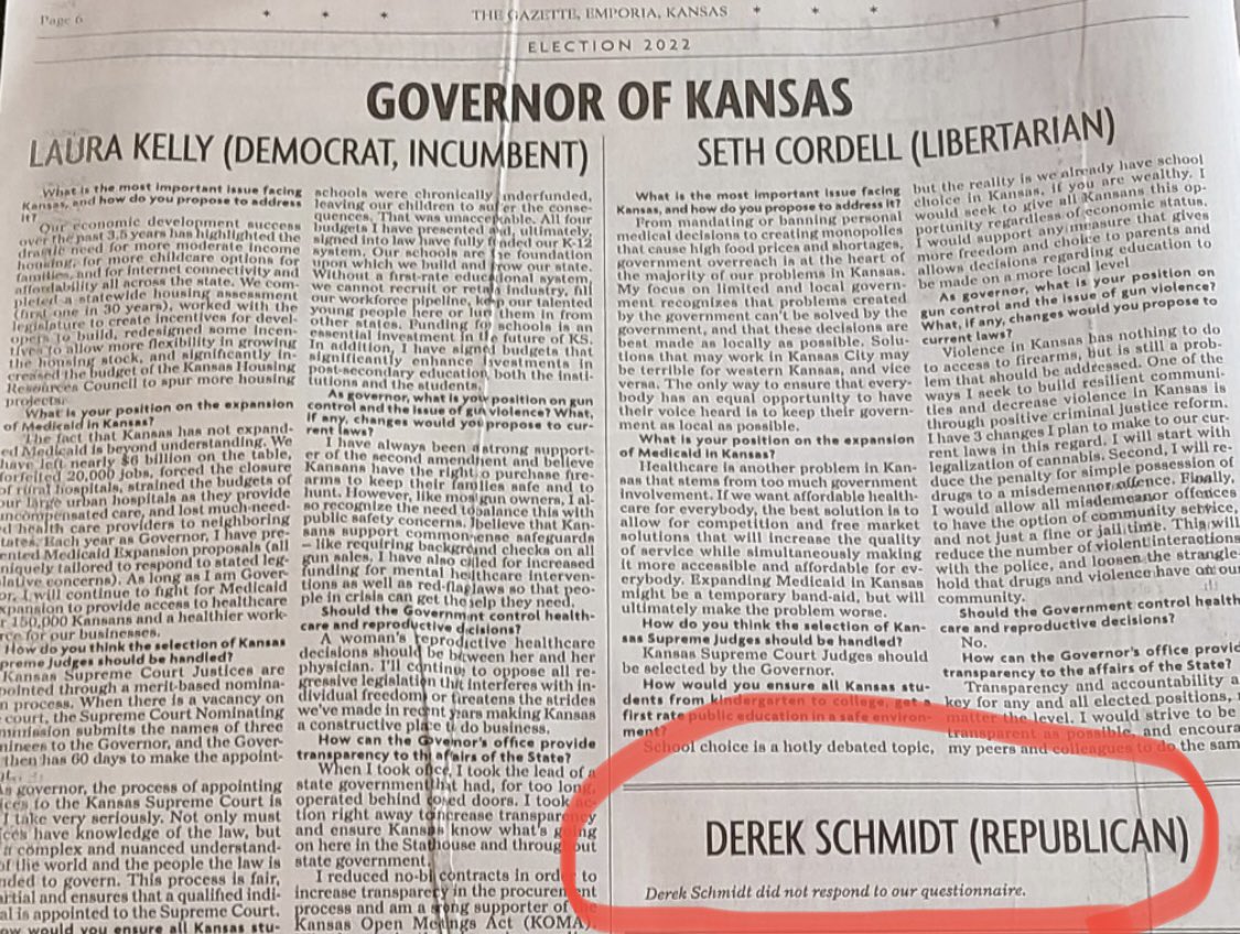 If you’re wanting to serve in the highest office in the state, you should be more than willing to share your position on important issues. Unfortunately, not doing so has been a trend with candidate Schmidt. Vote for Laura Kelly. #ksleg #politics #ksed #kansas #elections2022