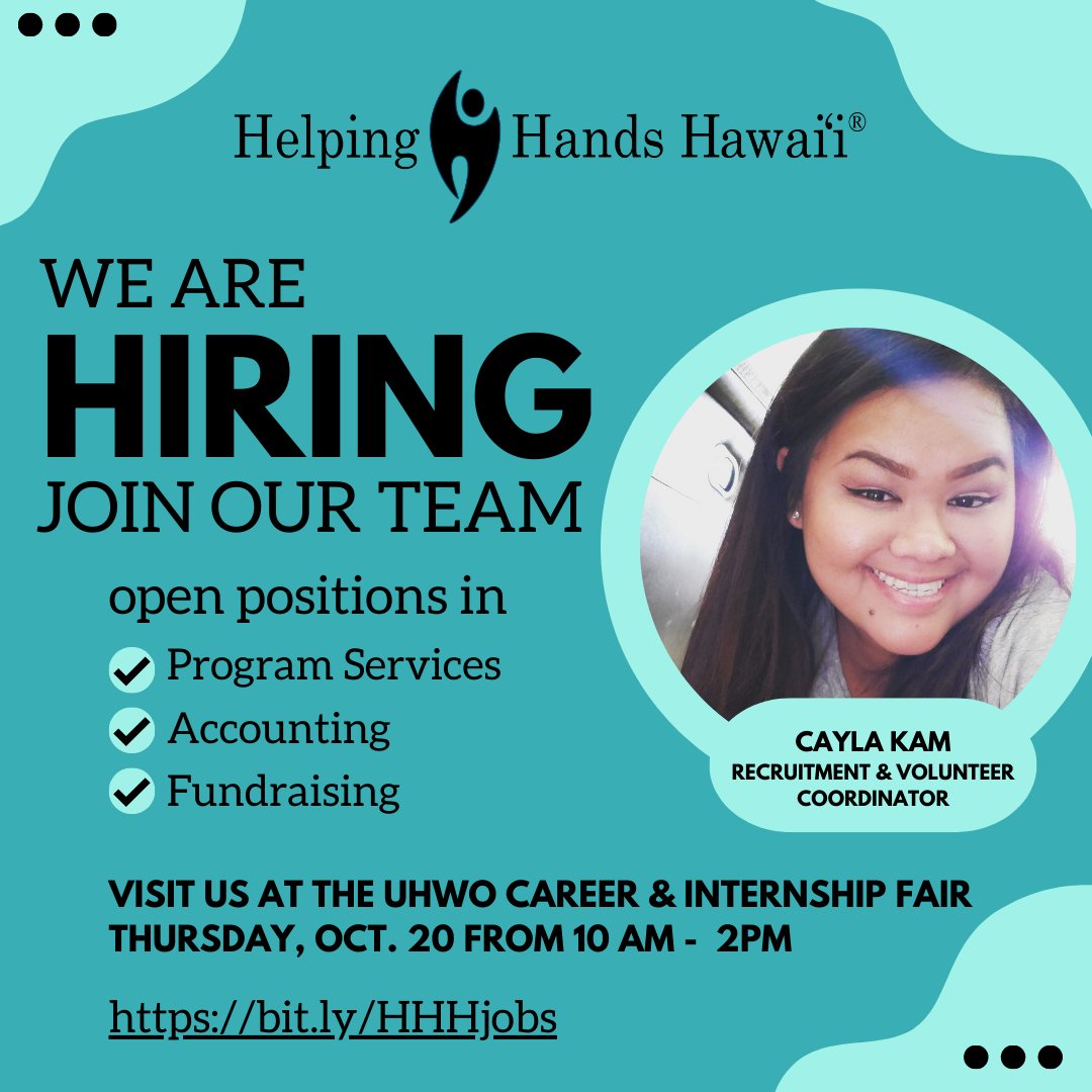 Curious about working for a non-profit? We'll be at the <a href="/uhwocareers/">UHWO Career Services</a> fair on Oct. 20 from 10 am-2 pm. Chat with Cayla Kam, Recruitment &amp; Volunteer Coordinator, to see how your talents can help your community. bit.ly/HHHjobs
#hawaiijobs #hawaiijobfair #hawaiinonprofit