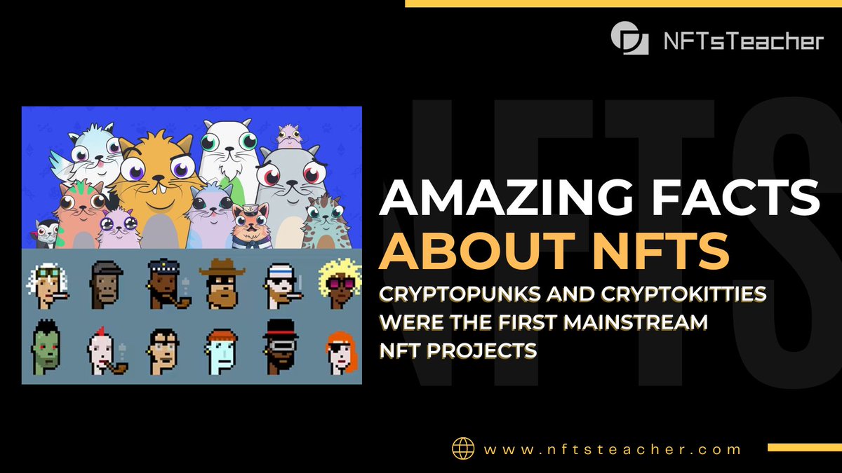NFTsTeacher's tweet photo. The first NFT projects to find mainstream success was CryptoPunks and CryptoKitties, released in June 2017 and November 2017, respectively. 🖼️

Both projects leveraged Ethereum and pioneered using the ERC-721 token standard for NFTs.🪙

#NFTs #eth #cryptopunks #cryptokitties https://t.co/6ZfYowudIR