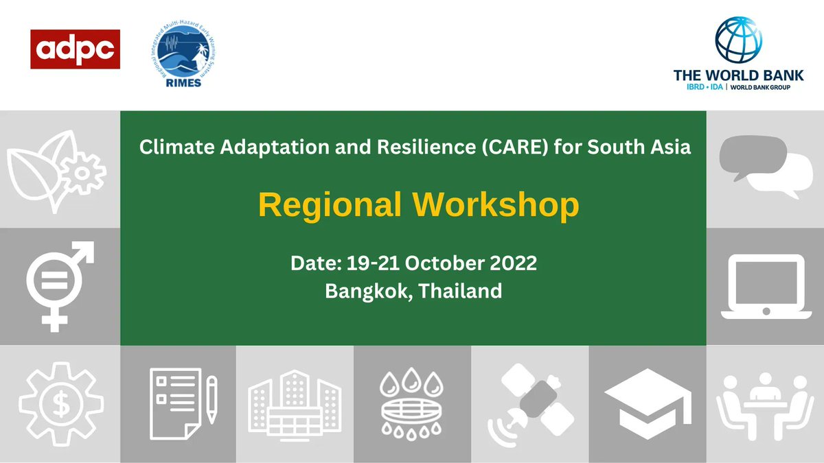 ADPC is organizing a three-day "CARE for South Asia Regional Workshop" under the #CARE4SouthAsia project in Bangkok, Thailand, from 19- 21 October 2022 co-organized by <a href="/RIMES_news/">RIMES</a> with support from <a href="/WorldBank/">WorldBank</a> for #ClimateAction in #SouthAsia. 

Stay tuned for further updates!