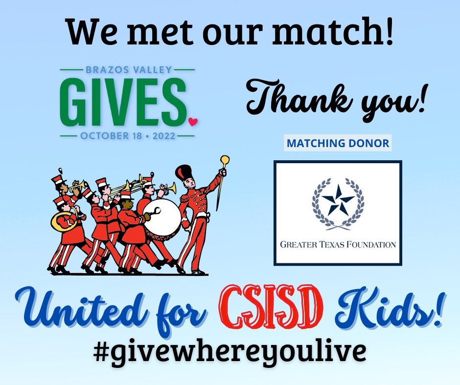 Give2Kids's tweet photo. Thank you @GreaterTxFound for your generosity to all area Ed Foundations!  We are excited to say that we have met their match amount.  Keep giving to support @CSISD teachers and students during @BVGives until 11PM! Give here: https://t.co/BMkh6DL2xn
#bvgives #unitedforcsisdkids https://t.co/WayeugDFz8