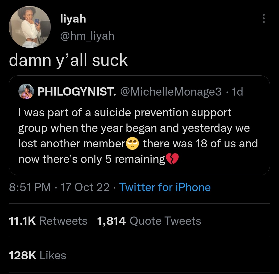 I feel like the internet trains people to be cruel for engagement I could not imagine saying this to a suicidal person to their face like was it worth it to make this joke to a suicidal stranger?