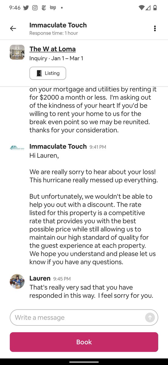 lauren_sween's tweet photo. I have no respect for vacation property rental owners that want to charge "market rate" and not help out hurricane victims.  Profits over people. My husband is missing our baby girl's milestones because of this crap.  #HurricaneIan #hurricanerefugee https://t.co/IrjwFtbli0