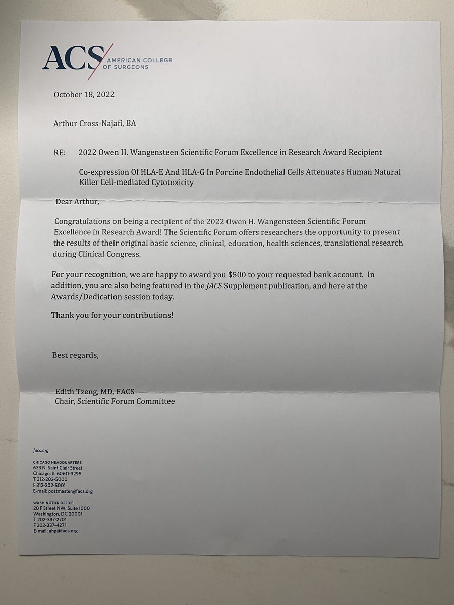 Honored to receive the 2022 Owen H. Wangensteen Scientific Forum Excellence in Research Award for my work in xenotransplantation and represent <a href="/IU_Surgery/">Indiana Surgery -Indiana Univ School of Medicine</a>, <a href="/IUMedSchool/">IU School of Medicine</a>, and <a href="/BurcinEkser/">Burcin Ekser, MD, PhD</a> at #ACSCC2022