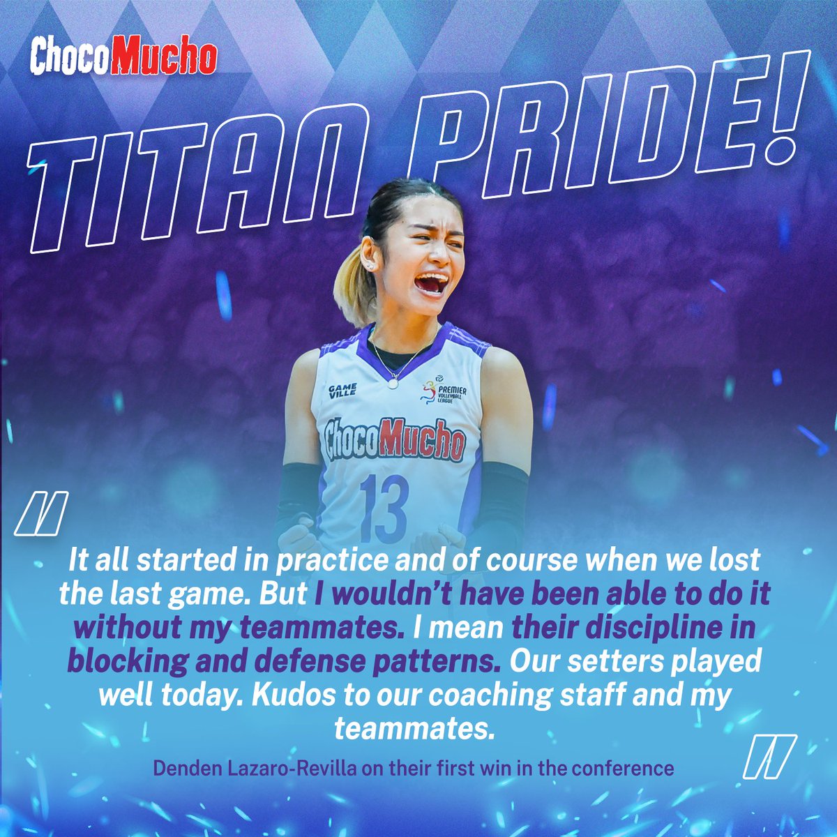 CMFlyingTitans's tweet photo. Choco Mucho’s tenacity and drive in the last game, gave our team its first hard-earned win this conference. 

Here are some of Denden’s insights on how the team was able to turn around its game. 

Check the full interview here: https://t.co/e3qqtV3pUH 

#ChocoMucho #TitanPride https://t.co/ogGF8EHLA2