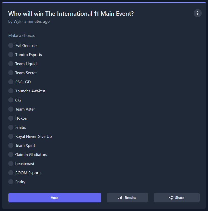Who do you think will win The International Main Event ... ? New Poll. Let's see if your fan favorites changed since the Groups. VOTE!! GO GO GO!! strawpoll.com/polls/7MZ0z0Qj… #TI11 #Dota2
