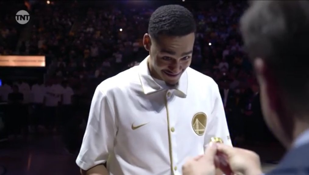 BleacherReport's tweet photo. Jordan Poole's reaction to getting his first ring 🤣 https://t.co/gDSnQ5zbOc