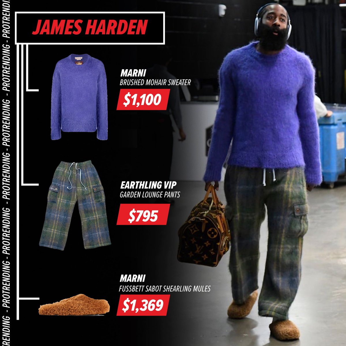 Protrending's tweet photo. #JamesHarden staying cozy for opening night in Boston styling in a #Marni sweater & slippers, paired with #EarthlingVIP garden lounge pants ahead of #Sixers x#Celtics game. (📷 @sixers)
#protrending #stylelikeapro #nbastyle https://t.co/IDGEqFu2Xw