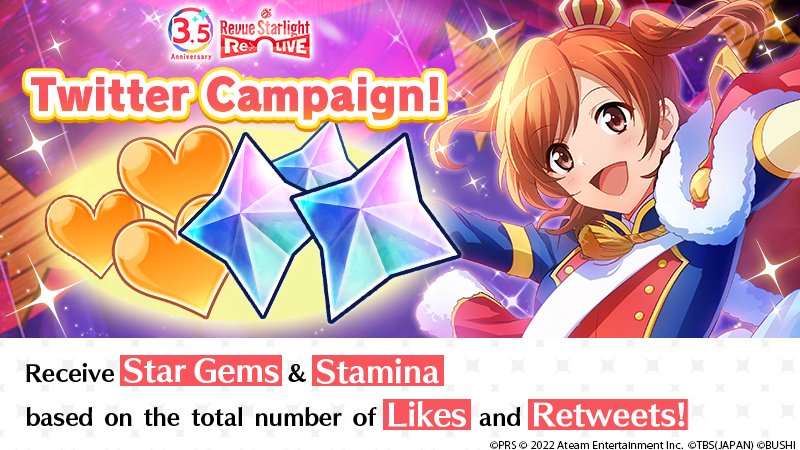 starira_global's tweet photo. 🎉[3.5 Anniversary Campaign]🎉
Revue Starlight Re LIVE has reached its 3.5 Anniversary!🎉
Like and Retweet this post to get up to 1200 Star Gems &amp; 1200 Stamina!✨

①Follow @starira_global
②Retweet &amp; Like this post
Until: 11/5 (Sat.) 19:59 UTC

More here: https://t.co/6ZGPBEQ5sa https://t.co/YeAdmeX5Z0