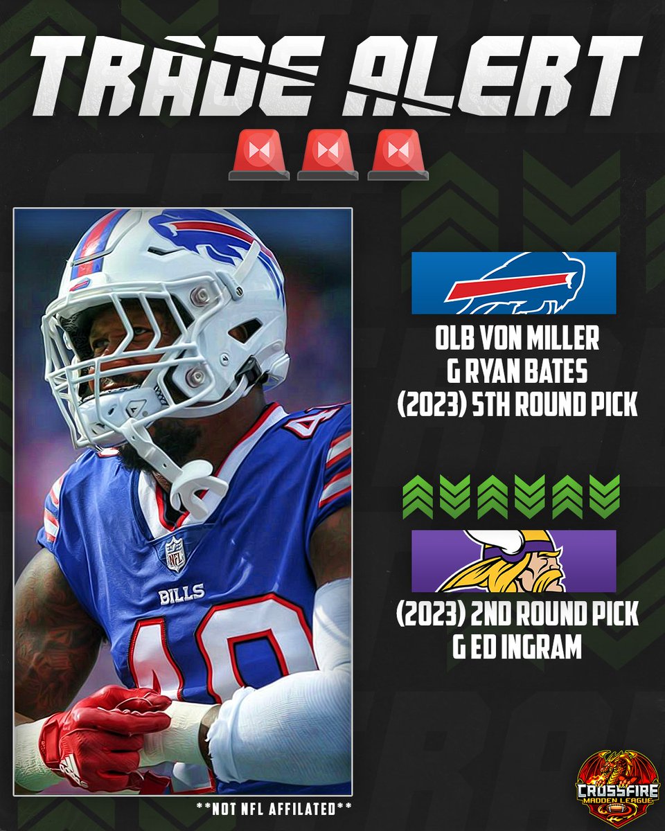 CrossfireLG's tweet photo. 🚨 **TRADE ALERT** 🚨 Von Miller is being sent to the Vikings!

*not affiliated to the NFL*

#FranchiseNation // @EAMaddenNFL @CFMNetwork @NeonSportz @LeagueCrawler https://t.co/WOoU0j56wL