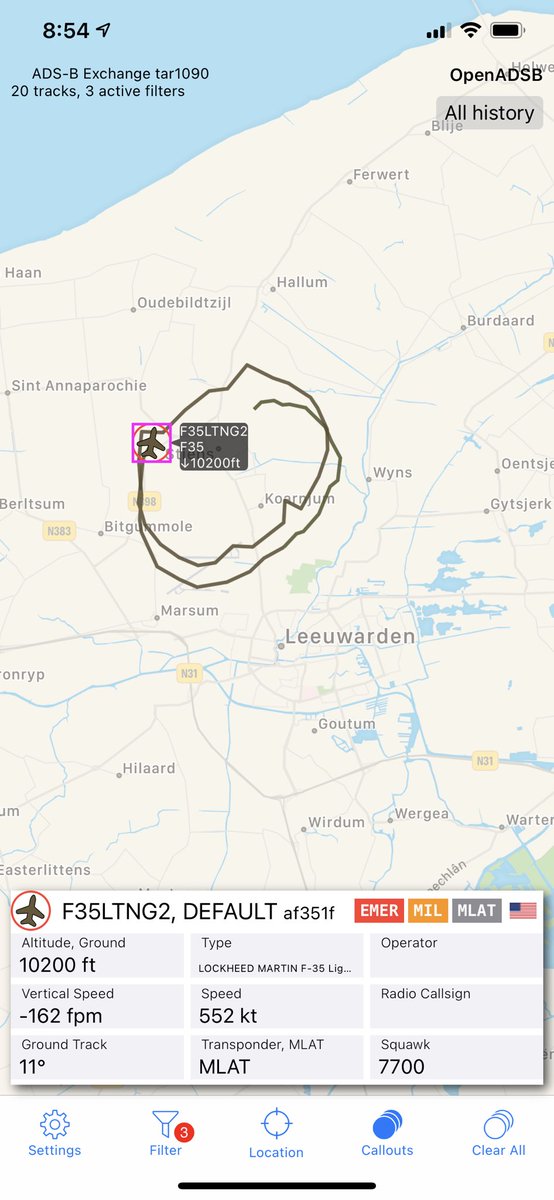 distantwolf's tweet image. Ostensibly the same F35 Lightning AF351F that was squawking an emergency near Leeuwarden AFB in the Netherlands yesterday is now squawking an Emergency near Palm Springs?
