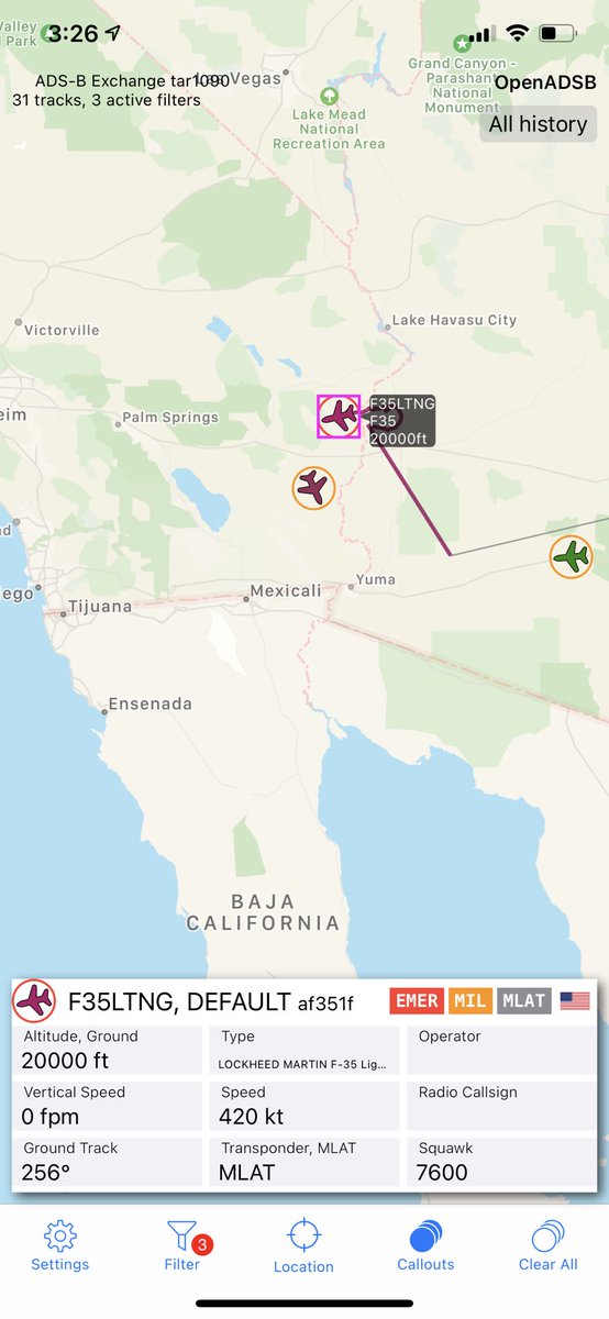 distantwolf's tweet image. Ostensibly the same F35 Lightning AF351F that was squawking an emergency near Leeuwarden AFB in the Netherlands yesterday is now squawking an Emergency near Palm Springs?
