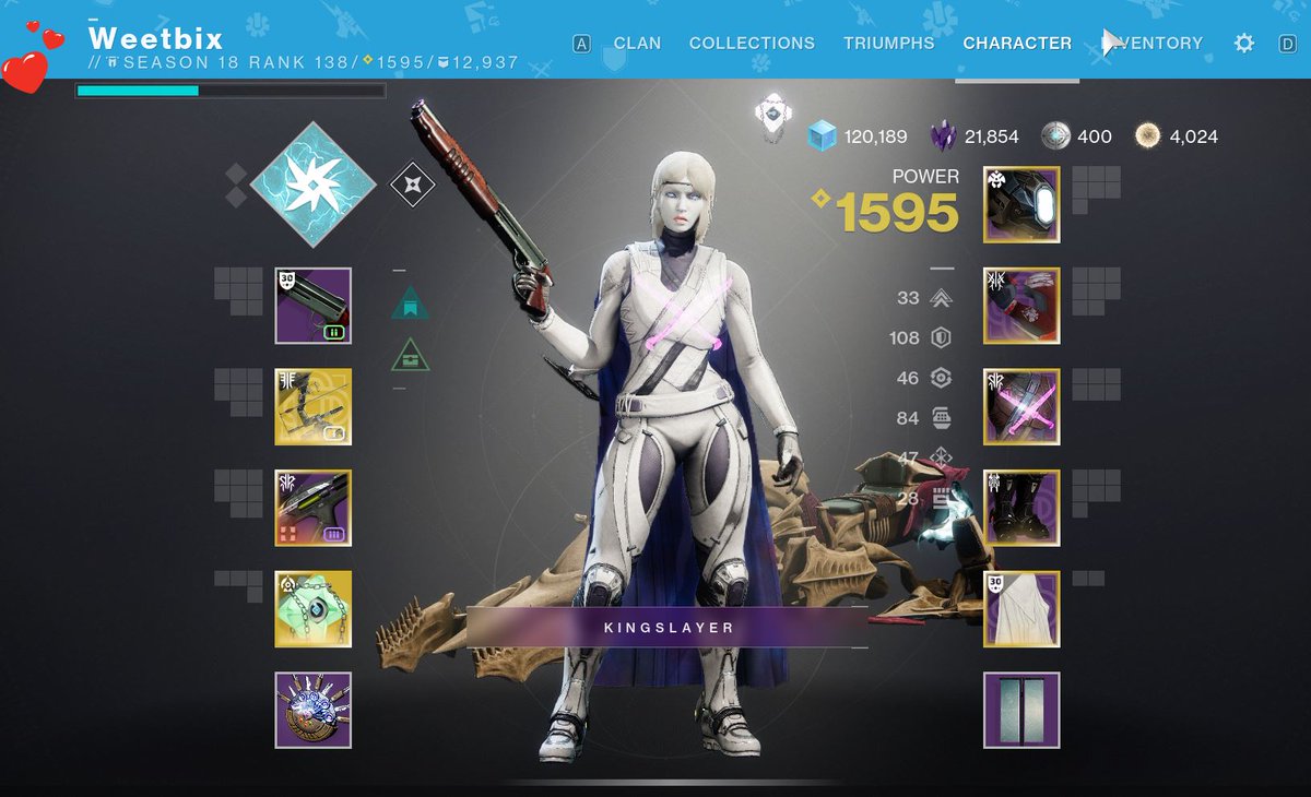 Meiyo_Weetbix's tweet photo. Ya boy got Kingslayer! First day! Sorry I couldn't stream it for everyone. Probably hoping on Overwatch soon tho if you want to come check it out. Will post again when I go live :)
#Destiny2 #Kingslayer #destinythegame #Kingsfall #DestinyRaid #twitchstreamer #twitchcommunity https://t.co/Ha70J8lA23