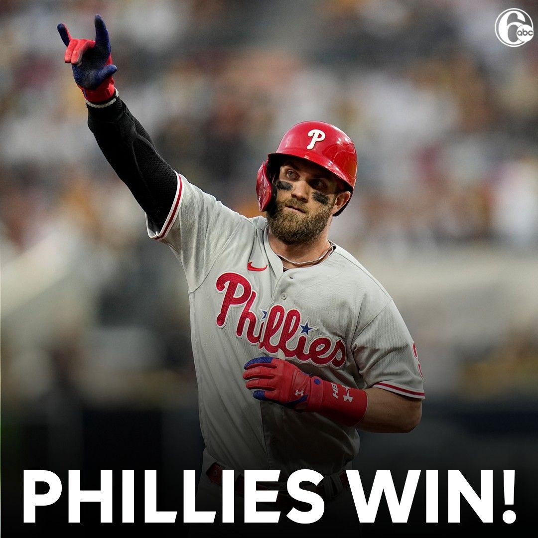 6abc's tweet photo. PHILLIES WIN!!! The Philadelphia Phillies defeated the San Diego Padres 2-0 in Game 1 of the NLCS series Tuesday night. https://t.co/7pDstrf4Qb