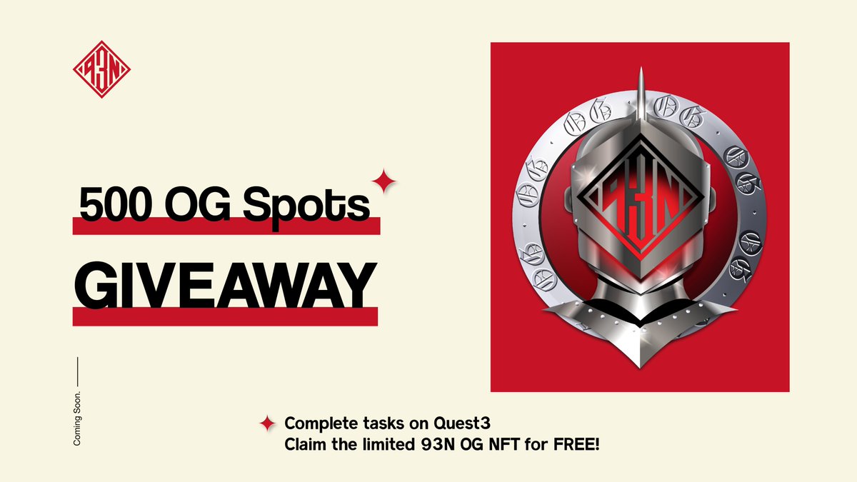 🎉500 OG NFTs #Giveaway！🎉

We are giving away OG NFTs for FREE! 
By holding the NFT, you become 93N OG!
All you need to do 
1️⃣Complete task on @Quest3_xyz 
2️⃣Verified in our Discord: discord.gg/ShFwVKYnHw 

So what are you waiting for? ♣️
Claim NOW app.quest3.xyz/quest/69665918…