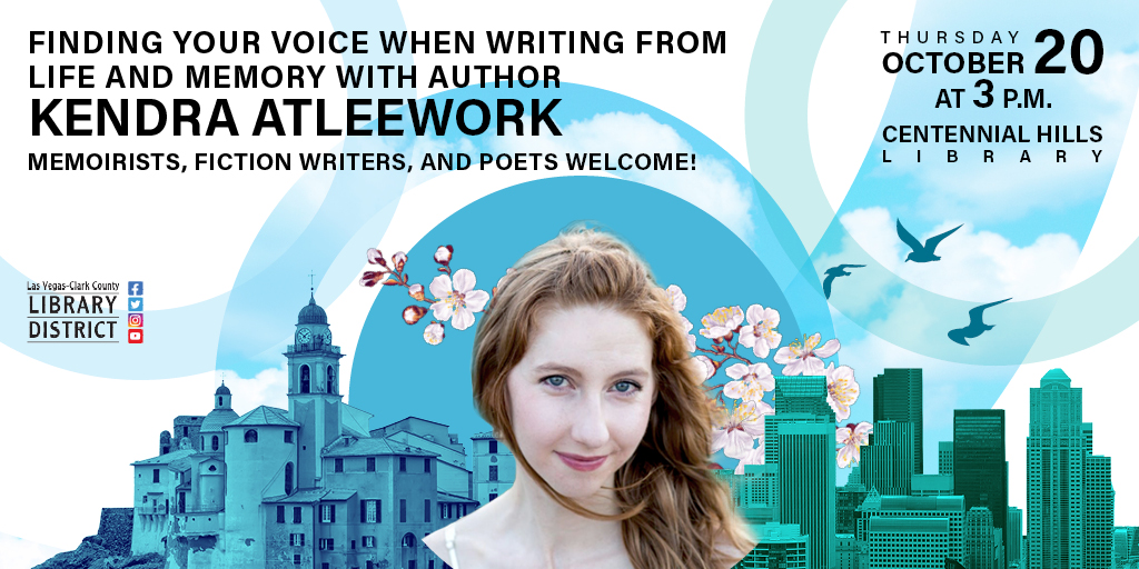 LVCCLD's tweet photo. What role does voice play in literature? And how can we find the right voice when writing about our lives/memories? Join author #KendraAtleework at #CentennialHillsLibrary on Thursday, October 20 for this FREE writing workshop ποΈ π ! https://t.co/hv0Oyo3CoI #LibrariesDoThat https://t.co/qQG9Y0MZIo