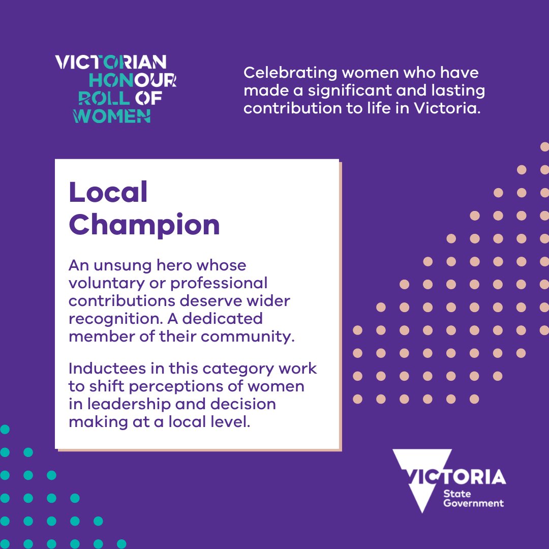WomenVictoria's tweet photo. There are seven amazing Local Champions among our 23 new inductees into the Victorian Honour Roll of Women for 2022. They are recognised for their dedication to their communities. (1/2) https://t.co/FnwtBgrEmx