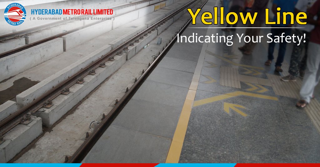 The yellow line created on #metroplatforms indicates the safe distance to be maintained between the approaching train and passengers on the platform. #Metrorail #Hyderabadmetro #Yellowline #Safetravel #MycityMyMetro