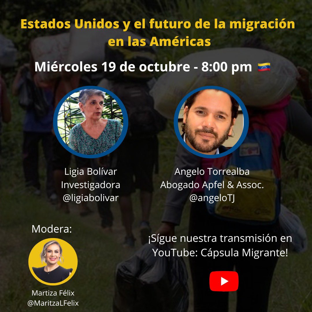 capsulamigrante's tweet photo. El último bloque de nuestro maratón informativo será: 

➡️Estados Unidos y en futuro de la migración en las Américas. 

¿Con quiénes?

👉🏼@ligiabolivar, investigadora 
👉🏼@angeloTJ, abogado especialista en migración

Modera: @MaritzaLFelix

¡Suscríbete al canal de Cápsula Migrante! https://t.co/vSGzqd7WhN