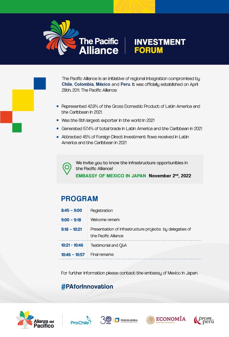 Los miembros de la <a href="/A_delPacifico/">Alianza del Pacífico</a> hacemos una cordial invitación al “Seminario Oportunidades de Inversión en Infraestructura Sustentable” que se llevará a cabo el día 2/11/22 a las 9:00 horas tiempo de Tokio, Japón. <a href="/SE_mx/">Economía México</a> <a href="/SRE_mx/">Relaciones Exteriores</a> <a href="/EmbamexJP/">メキシコ大使館 🇲🇽</a> Inscripciones: area18.smp.ne.jp/area/card/2545…
